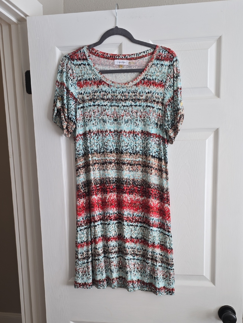 Calvin Klein Mint, Red and Brown Striped Short-Sleeve Mini Dress